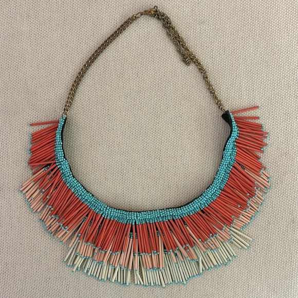 Anthropologie Jewelry - Beaded and Wooden Fringe Tribal Boho Bib Necklace w/ adjustable clasp -Up to 22"